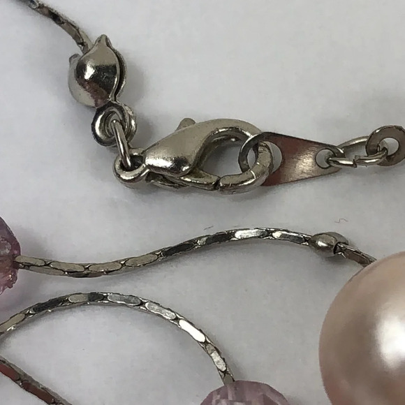 Faux Pearl Rhinestone Necklace Purple & Champagne On Silver Tone Chain - Picture 10 of 16